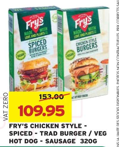 FRY'S CHICKEN STYLE - SPICED - TRAD BURGER / VEG HOT DOG - SAUSAGE 320G