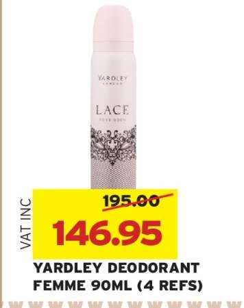 YARDLEY DEODORANT FEMME 90ML (4 REFS)