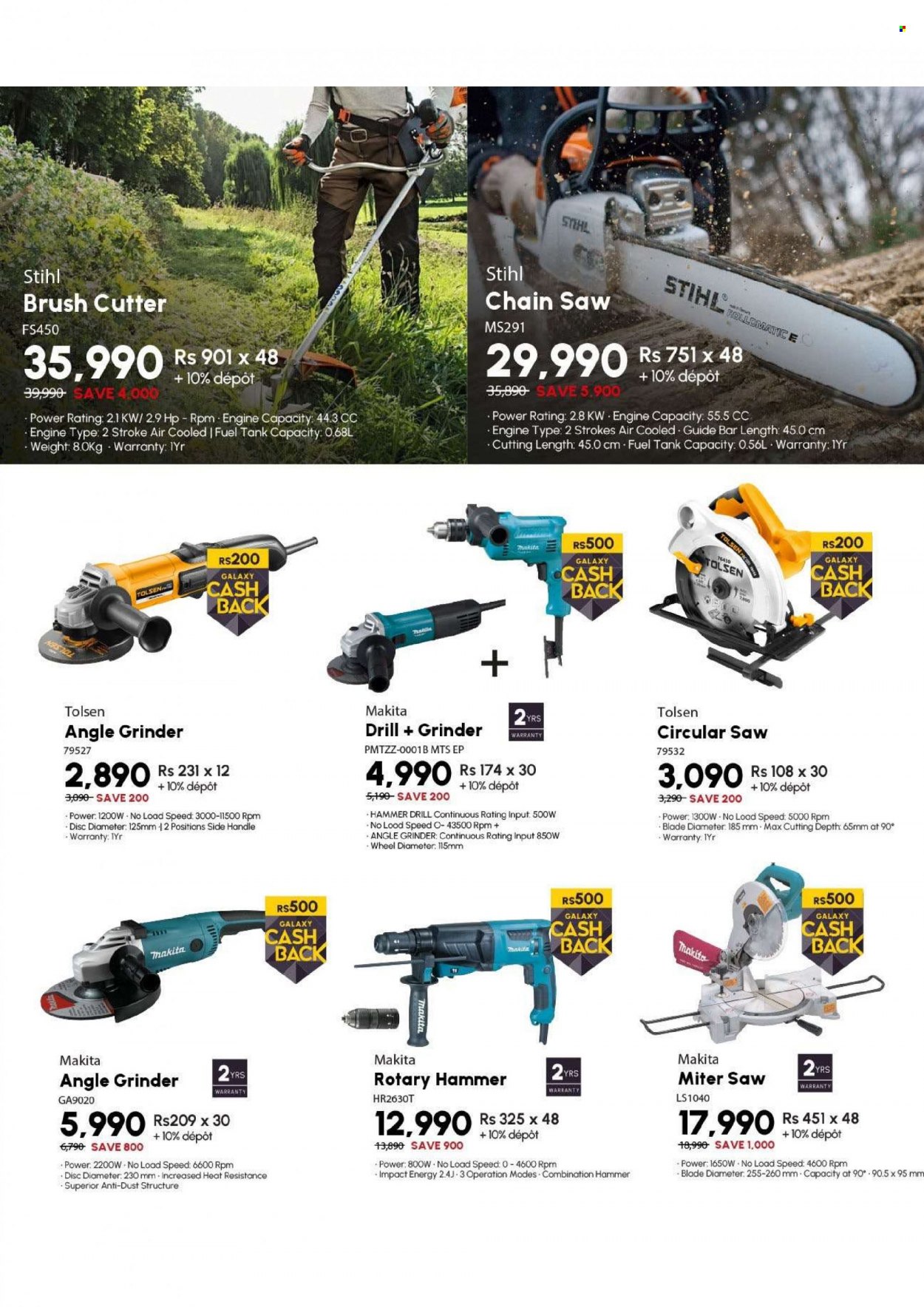 Galaxy Catalogue - Sales products - Hewlett Packard, grinder, drill, Makita, chain saw, circular saw, saw, angle grinder, brush cutter, tank. Page 6.