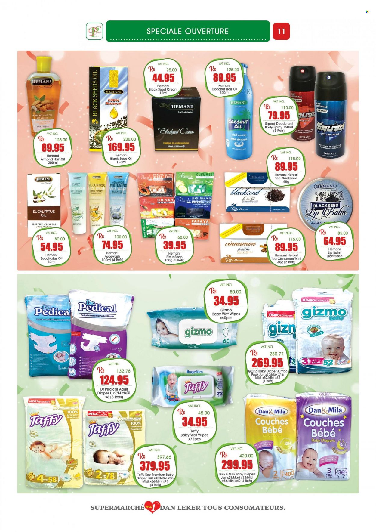 thumbnail - Dreamprice Catalogue - 21.11.2022 - 11.12.2022 - Sales products - Ace, papaya, sesame seed, rice, cinnamon, coconut oil, oil, honey, herbal tea, tea bags, wipes, nappies, face gel, soap, lip balm, face wash, hair oil, body spray, anti-perspirant, eucalyptus oil, deodorant. Page 11.