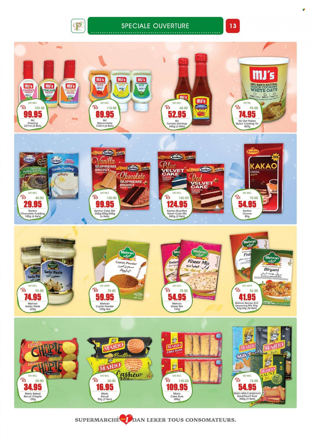thumbnail - Dreamprice Catalogue - 21.11.2022 - 11.12.2022 - Sales products - rusks, cake mix, garlic, fish, sauce, pudding, chocolate pudding, milk, butter, mayonnaise, Thousand Island dressing, italian dressing, chocolate, biscuit, cocoa, oats, spice, cumin, caesar dressing, dressing, garlic paste, plate, paper, ketchup. Page 13.