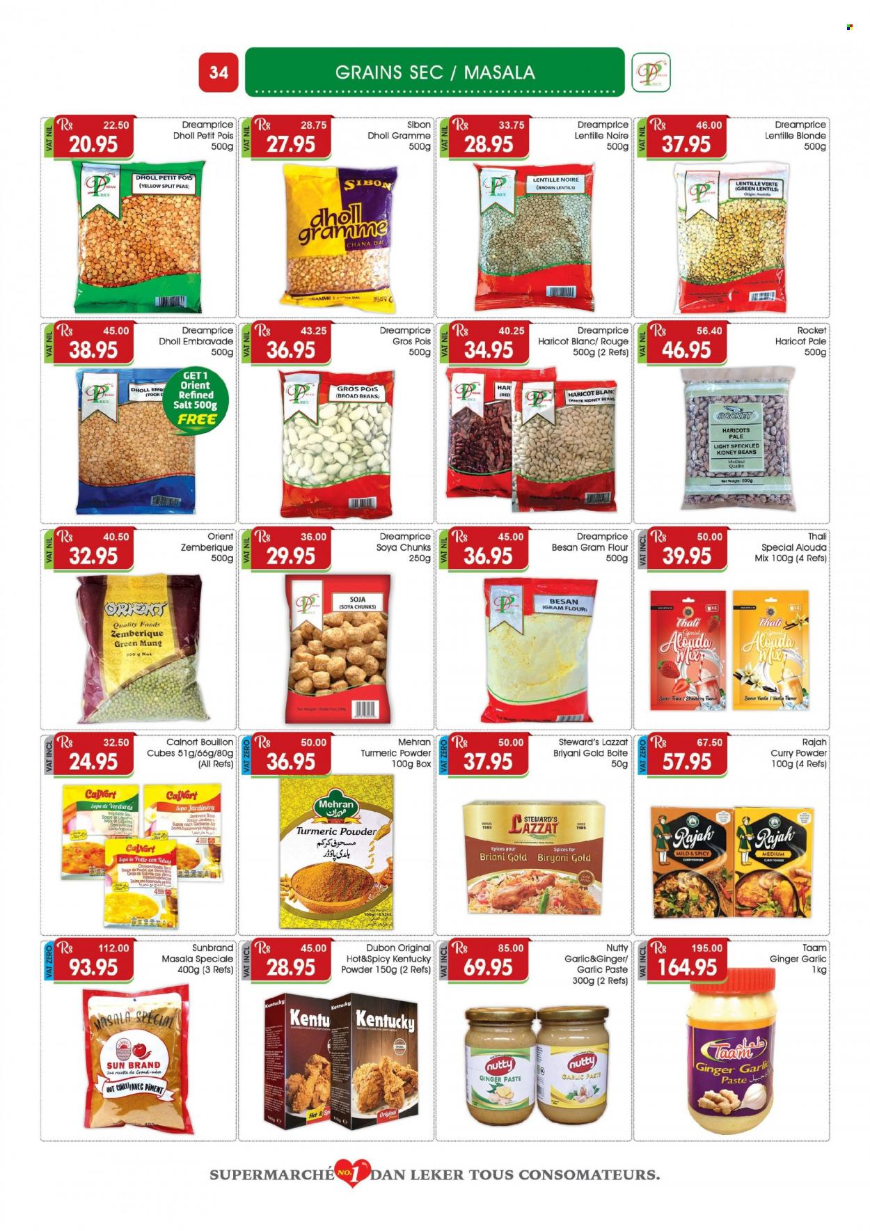 thumbnail - Dreamprice Catalogue - 21.11.2022 - 11.12.2022 - Sales products - fava beans, garlic, ginger, rocket, peas, soup, noodles, split peas, bouillon, flour, gram flour, salt, lentils, kidney beans, rice, toor dal, chana dal, soya chunks, turmeric, curry powder, garlic paste, jar. Page 34.
