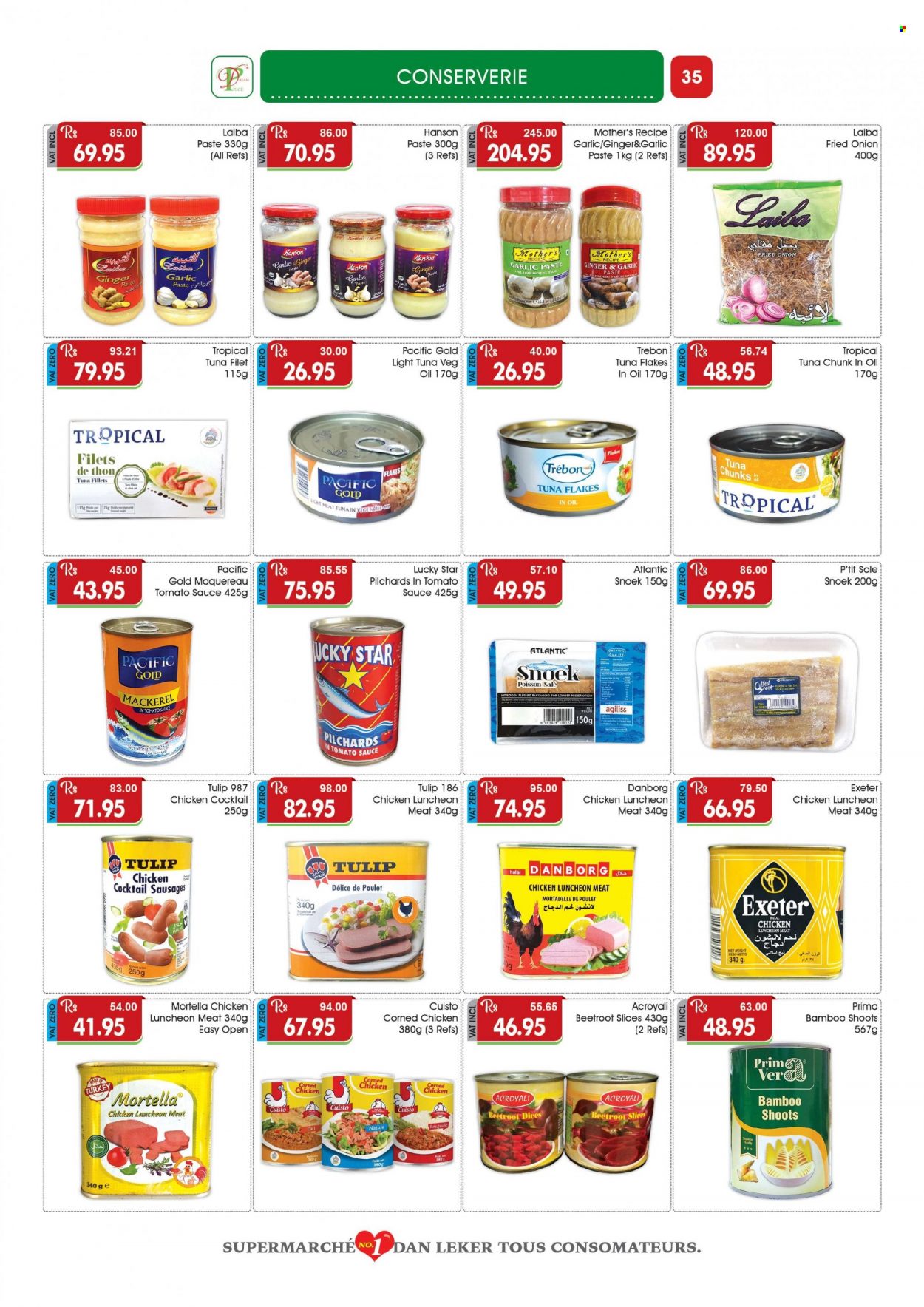 thumbnail - Dreamprice Catalogue - 21.11.2022 - 11.12.2022 - Sales products - beetroot, mackerel, sardines, tuna, sausage, lunch meat, bamboo shoot, light tuna, garlic paste. Page 35.