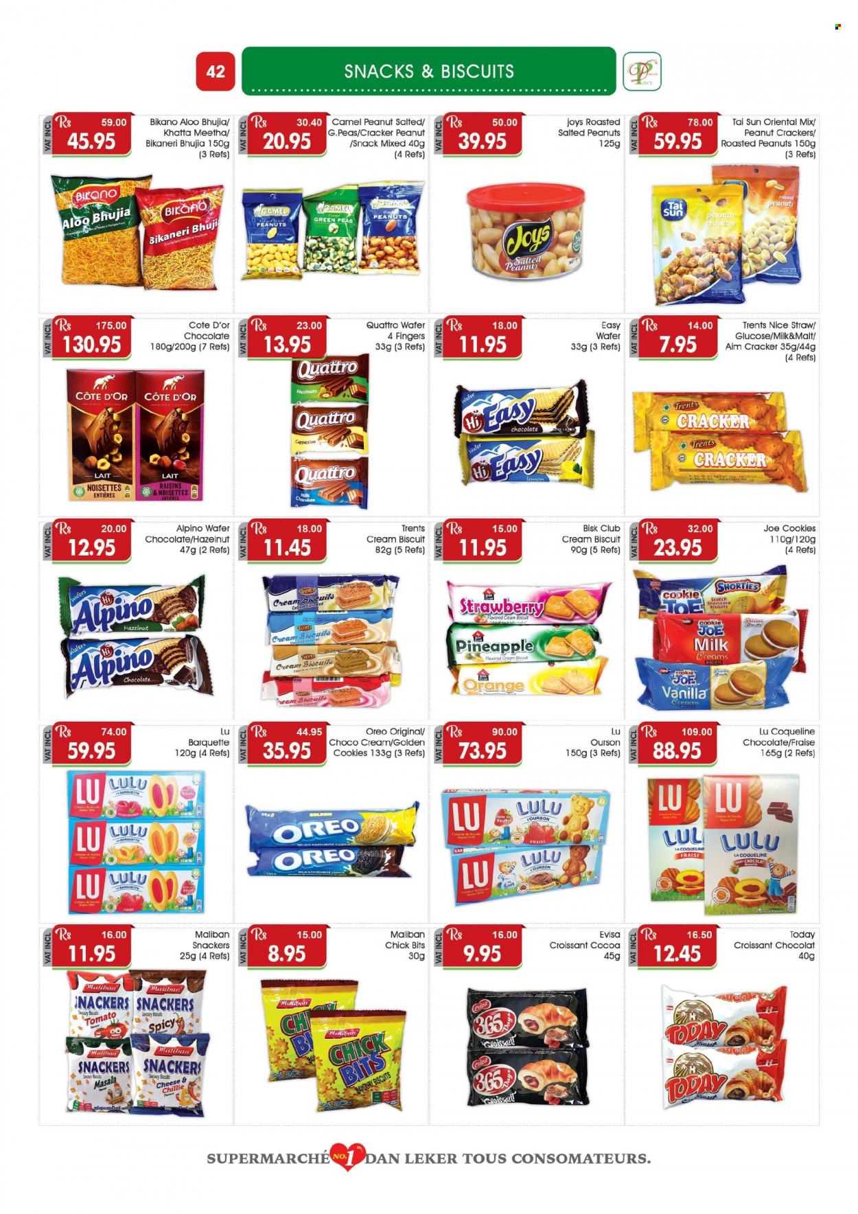 thumbnail - Dreamprice Catalogue - 21.11.2022 - 11.12.2022 - Sales products - croissant, peas, pineapple, oranges, noodles, custard, cookies, milk chocolate, wafers, chocolate, snack, crackers, biscuit, cocoa, malt, bhujia, roasted peanuts, hazelnuts, peanuts, dried fruit, Tai Sun, Camel, cappuccino, straw, raisins, Oreo. Page 42.