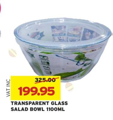 TRANSPARENT GLASS SALAD BOWL 1100ML