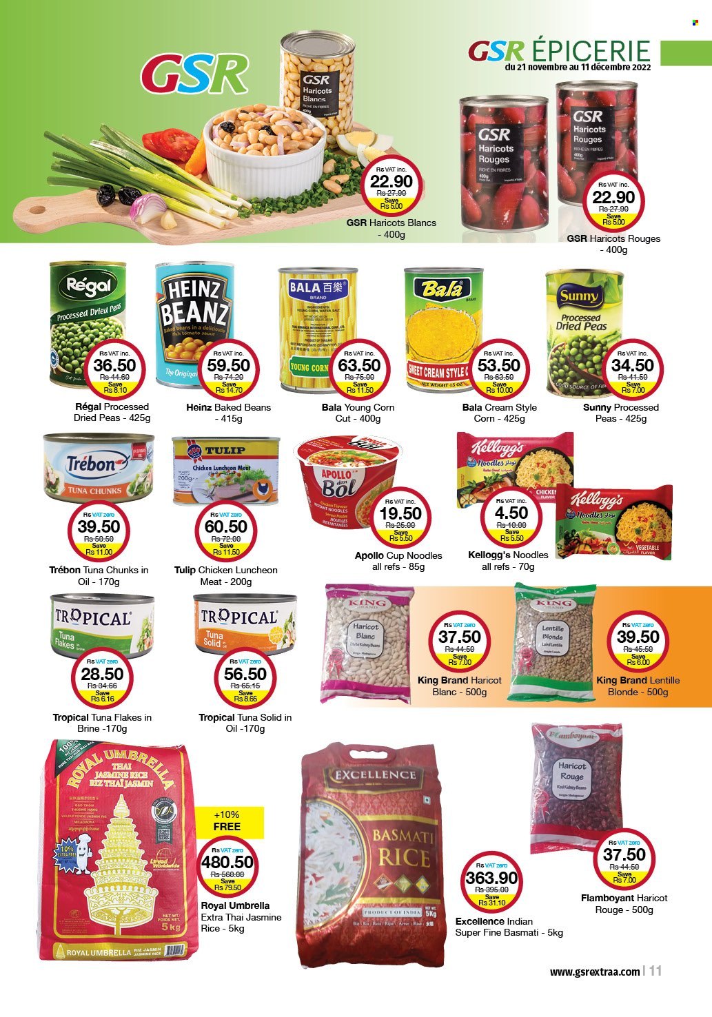 thumbnail - GSR Catalogue - 21.11.2022 - 11.12.2022 - Sales products - beans, peas, tuna, noodles cup, noodles, lunch meat, Kellogg's, kidney beans, baked beans, basmati rice, rice, jasmine rice, Heinz. Page 11.