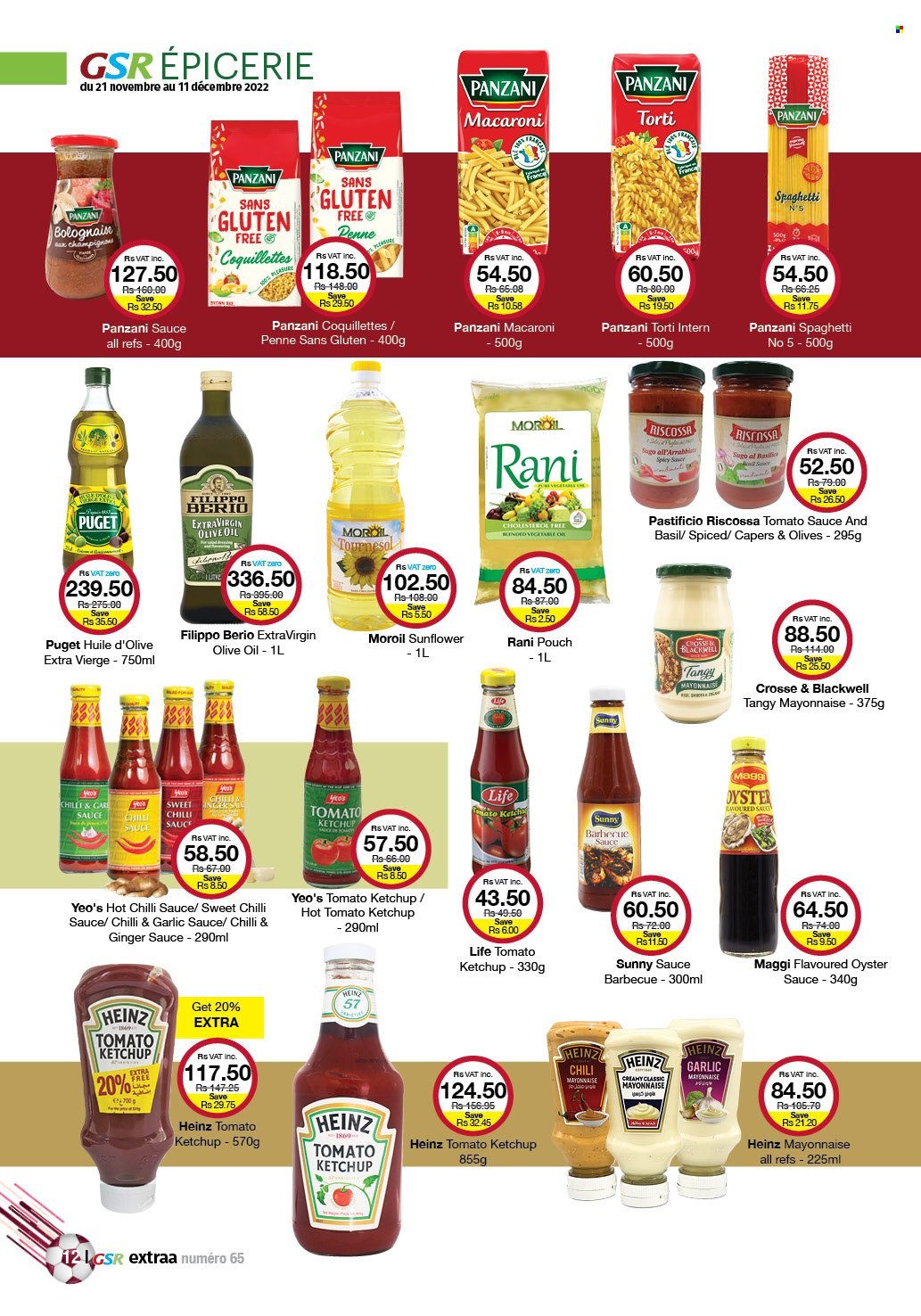 thumbnail - GSR Catalogue - 21.11.2022 - 11.12.2022 - Sales products - oysters, spaghetti, macaroni, mayonnaise, Maggi, capers, tomato sauce, penne, BBQ sauce, oyster sauce, chilli sauce, sweet chilli sauce, garlic sauce, olive oil, oil, Heinz, ketchup, olives. Page 12.