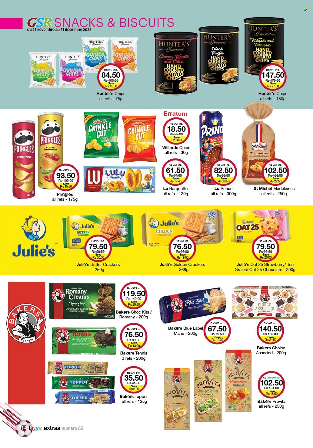 thumbnail - GSR Catalogue - 21.11.2022 - 11.12.2022 - Sales products - crispbread, cherries, butter, chocolate, snack, crackers, biscuit, Julie's, potato chips, Pringles, chips, oats, turmeric, Bakers, quinoa, wasabi. Page 14.