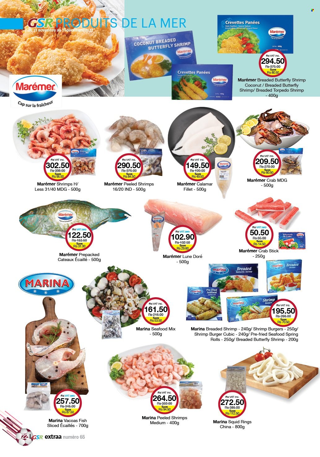 thumbnail - GSR Catalogue - 21.11.2022 - 11.12.2022 - Sales products - squid, seafood, crab, fish, shrimps, squid rings, hamburger, spring rolls. Page 22.