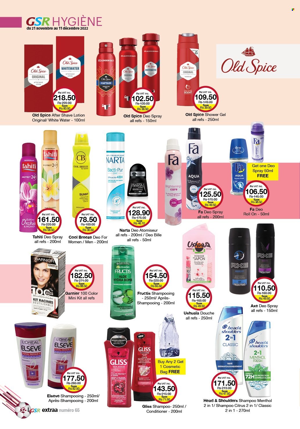 thumbnail - GSR Catalogue - 21.11.2022 - 11.12.2022 - Sales products - salt, spice, shower gel, Gliss, L’Oréal, conditioner, Fructis, body lotion, after shave, anti-perspirant, roll-on, Axe, cosmetic bag, Garnier, shampoo, Head & Shoulders, Old Spice, Schwarzkopf, deodorant. Page 32.
