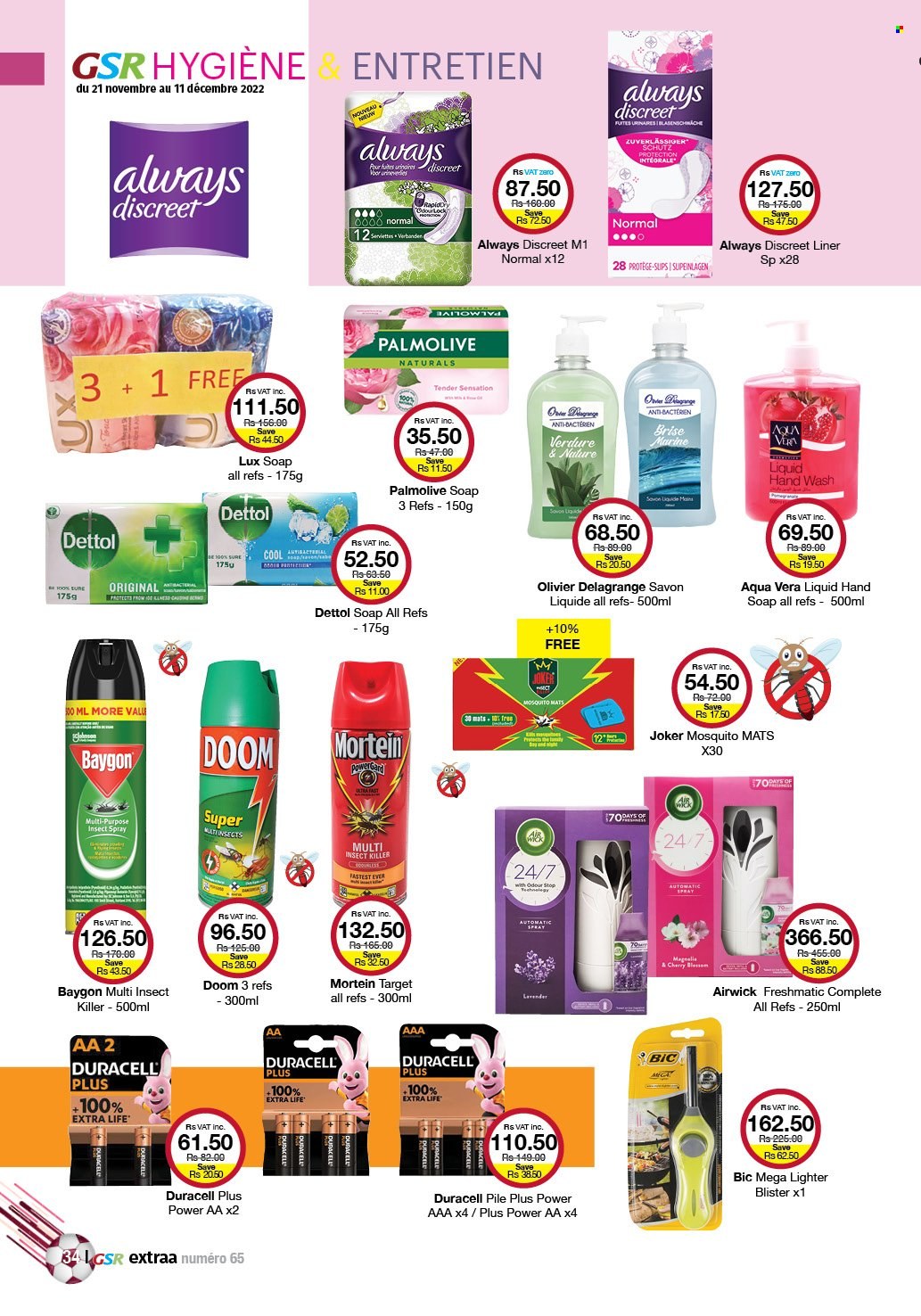 thumbnail - GSR Catalogue - 21.11.2022 - 11.12.2022 - Sales products - pomegranate, Mortein, Lux, hand soap, hand wash, Palmolive, soap, Always Discreet, Sure, BIC, Target, insect killer, Dettol. Page 34.