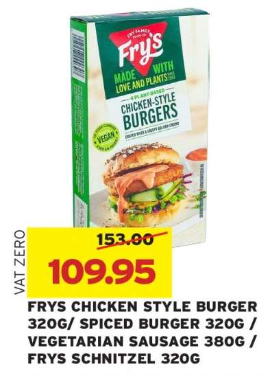 FRYS CHICKEN STYLE BURGER 320G/ SPICED BURGER 320G / VEGETARIAN SAUSAGE 380G / FRYS SCHNITZEL 320G