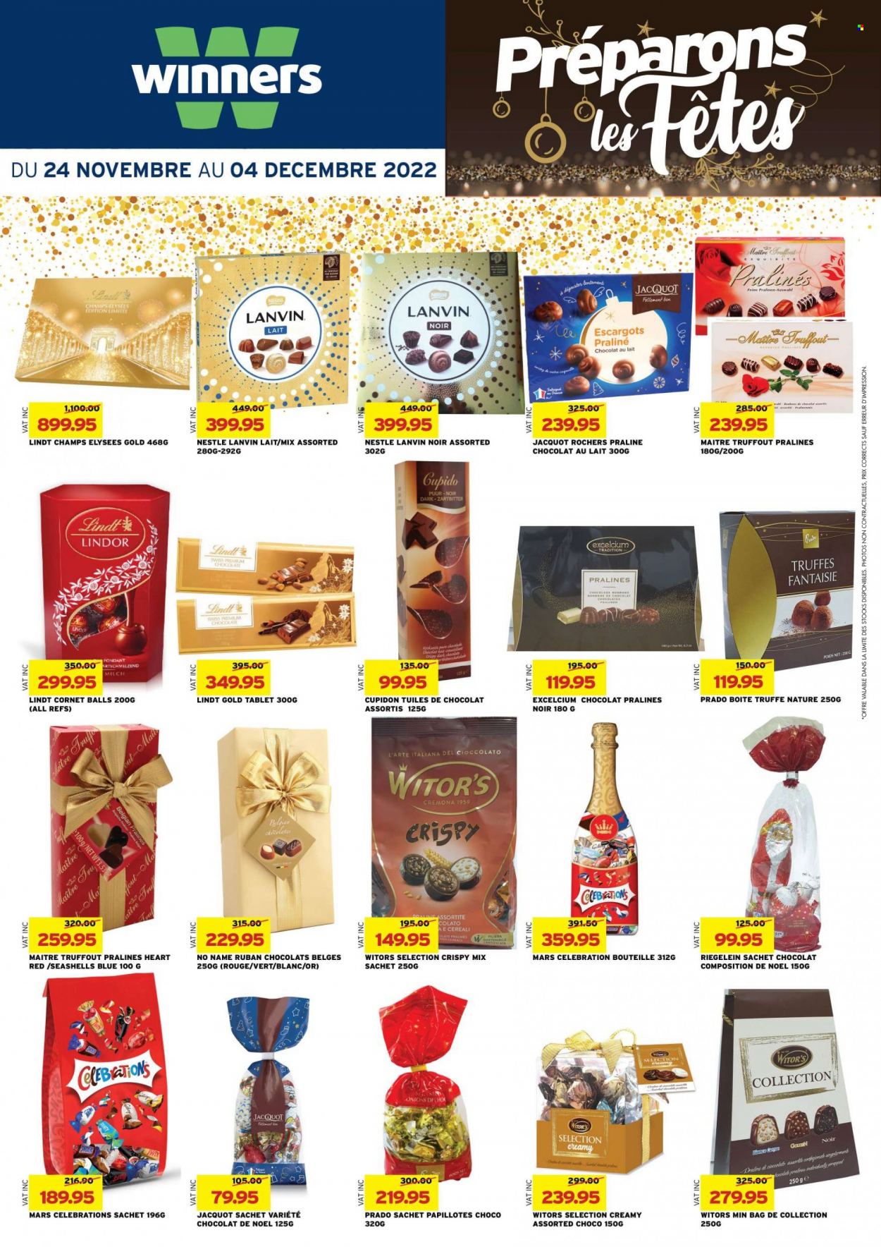 Winner's Catalogue - 24.11.2022 - 4.12.2022 - Sales products - onion, No Name, chocolate, Mars, Celebration, Lanvin, Nestlé, pralines, Lindt, Lindor. Page 5.