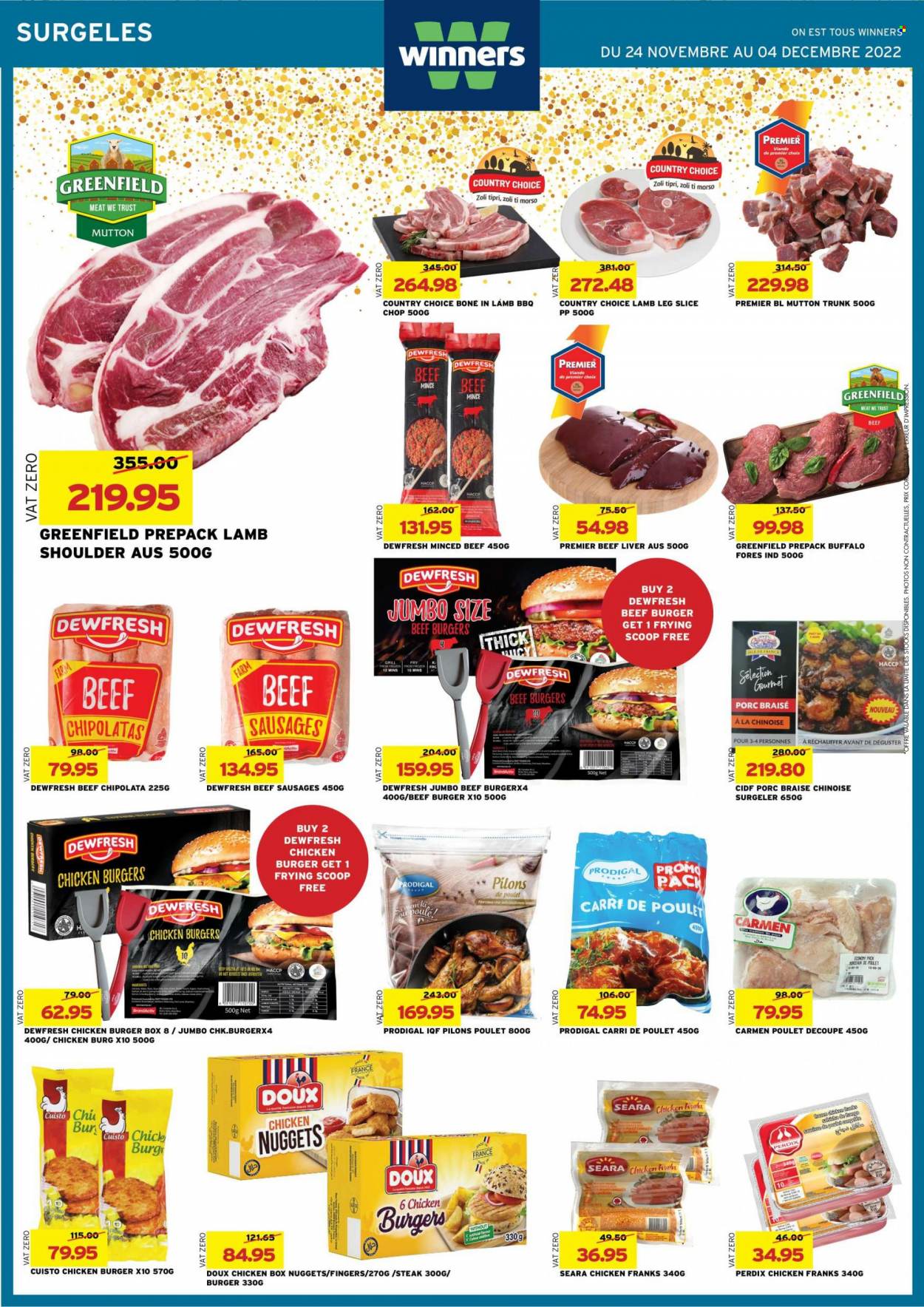 thumbnail - Winner's Catalogue - 24.11.2022 - 4.12.2022 - Sales products - nuggets, hamburger, chicken nuggets, beef burger, sausage, chicken frankfurters, beef sausage, chicken, beef liver, beef meat, ground beef, lamb meat, lamb shoulder, mutton meat, lamb leg, meal box, Trust, steak. Page 12.