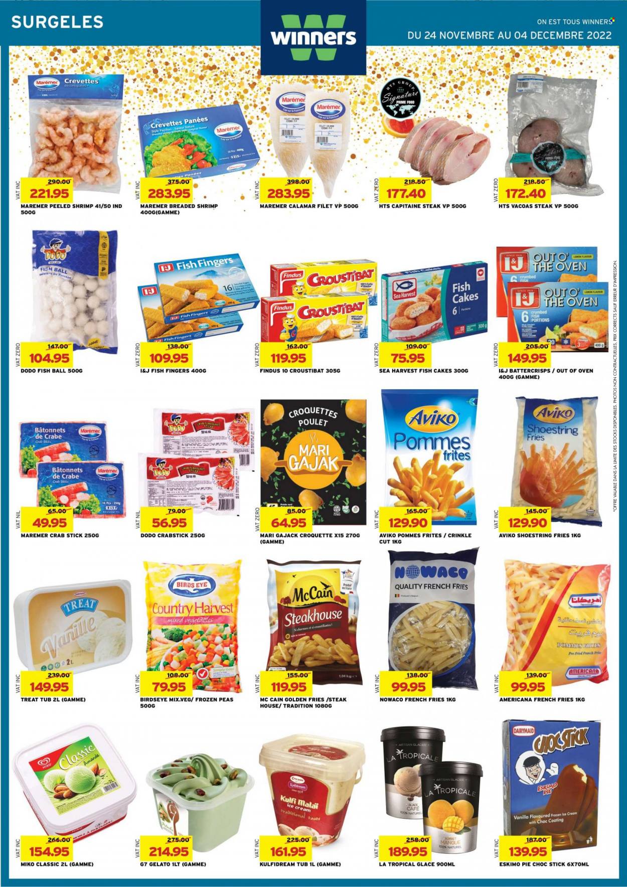 thumbnail - Winner's Catalogue - 24.11.2022 - 4.12.2022 - Sales products - pie, peas, crab, crumbed fish, fish fingers, Sea Harvest, fish sticks, Bird's Eye, ice cream, Eskimo Pie, gelato, mixed vegetables, Country Harvest, McCain, potato fries, french fries, potato croquettes, fish cake, steak. Page 13.