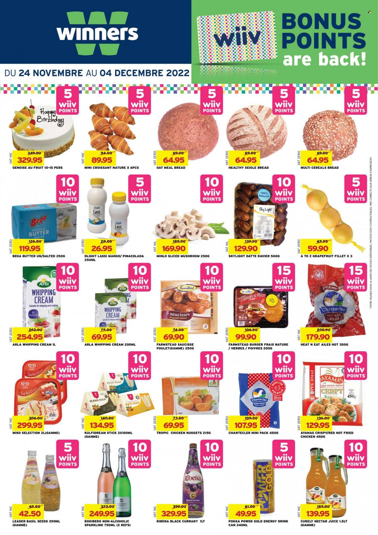 thumbnail - Winner's Catalogue - 24.11.2022 - 4.12.2022 - Sales products - mushrooms, bread, croissant, grapefruits, nuggets, hamburger, fried chicken, chicken nuggets, Arla, butter, whipping cream, oats, cereals, juice, energy drink. Page 14.