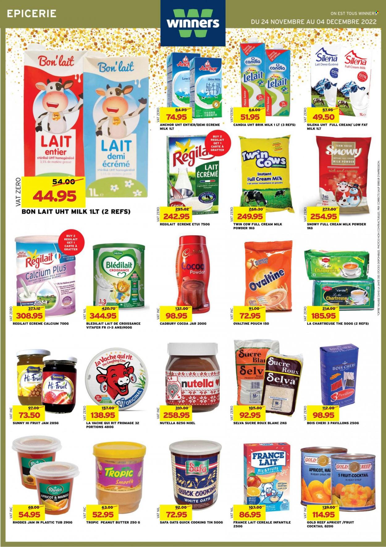 thumbnail - Winner's Catalogue - 24.11.2022 - 4.12.2022 - Sales products - pineapple, The Laughing Cow, milk powder, Anchor, Cadbury, oats, strawberry jam, fruit jam, peanut butter, syrup, jar, plastic tub, Nutella. Page 20.