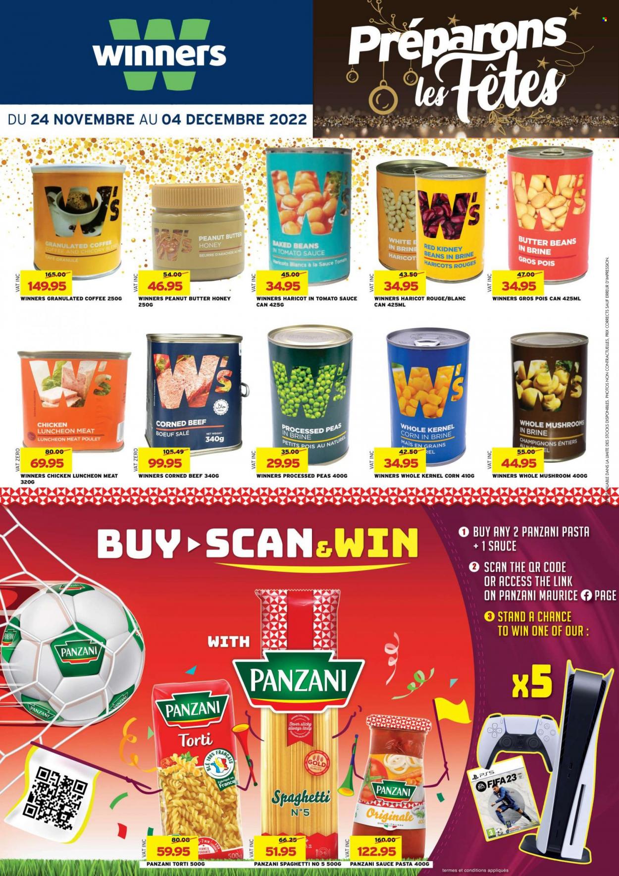 Winner's Catalogue - 24.11.2022 - 4.12.2022 - Sales products - mushroom, corn, peas, spaghetti, pasta, lunch meat, corned beef, baked beans, honey, peanut butter, coffee, beef meat. Page 28.