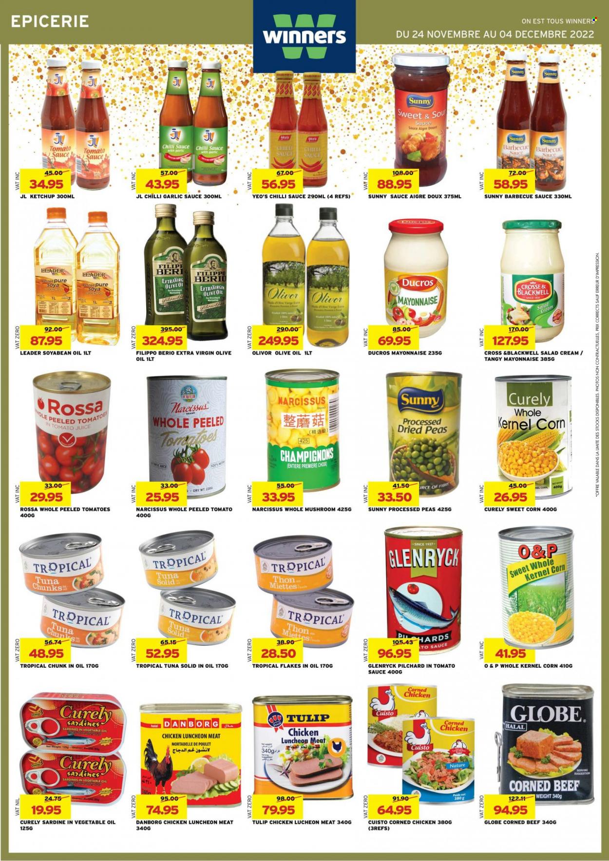 thumbnail - Winner's Catalogue - 24.11.2022 - 4.12.2022 - Sales products - mushrooms, corn, tomatoes, peas, sweet corn, sardines, tuna, lunch meat, corned beef, mayonnaise, salad cream, BBQ sauce, chilli sauce, dressing, garlic sauce, extra virgin olive oil, olive oil, tomato juice, beef meat, PREMIERE, ketchup. Page 29.
