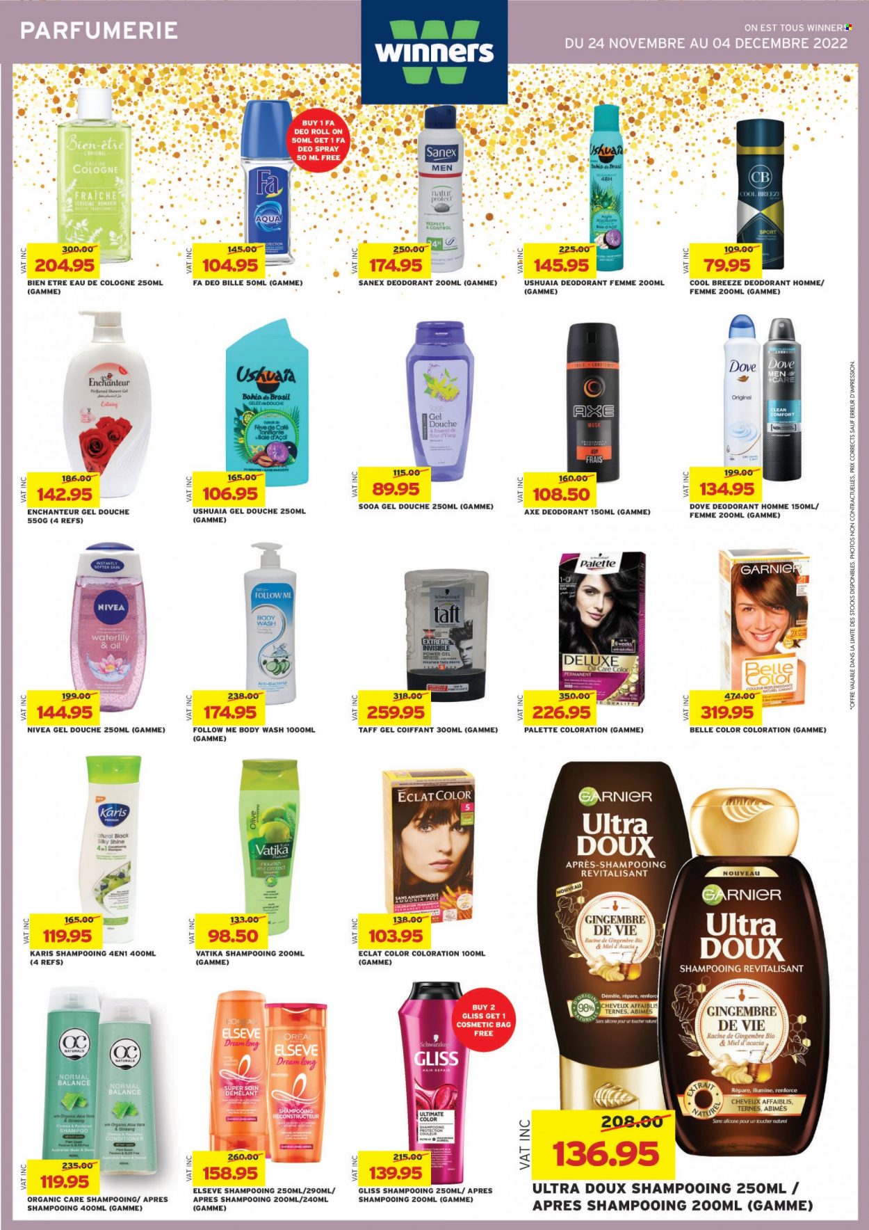 thumbnail - Winner's Catalogue - 24.11.2022 - 4.12.2022 - Sales products - Dove, oil, Nivea, body wash, shower gel, Gliss, Enchanteur, L’Oréal, conditioner, Palette, anti-perspirant, Eclat, cologne, roll-on, Follow Me, Sanex, Axe, cosmetic bag, ginseng, Garnier, shampoo, Schwarzkopf, deodorant. Page 32.