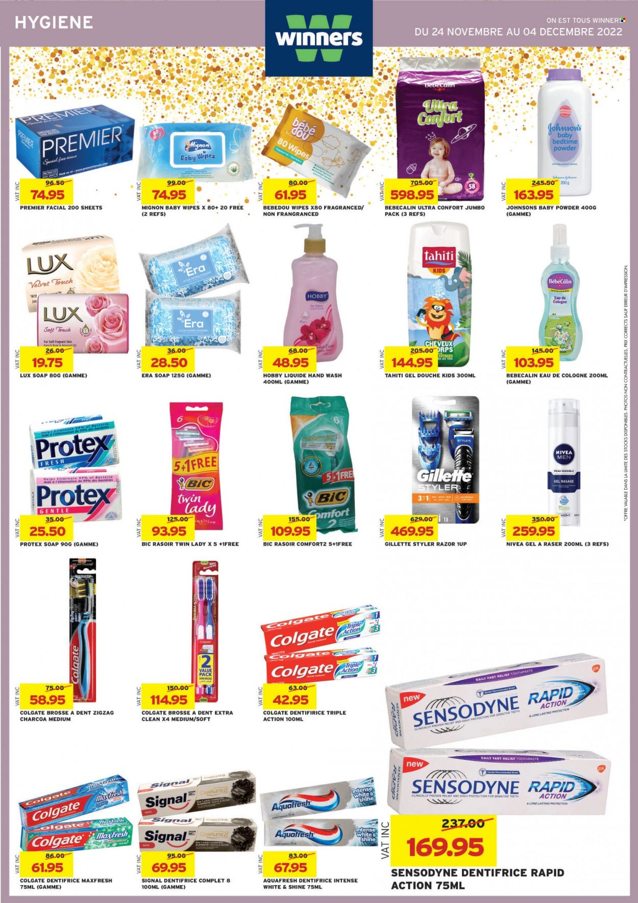 thumbnail - Winner's Catalogue - 24.11.2022 - 4.12.2022 - Sales products - seaweed, oil, wine, rosé wine, wipes, baby wipes, Johnson's, Nivea, baby powder, tissues, Lux, hand soap, hand wash, Protex, soap, toothpaste, Signal, Gillette, cologne, BIC, razor, Colgate, Sensodyne. Page 34.
