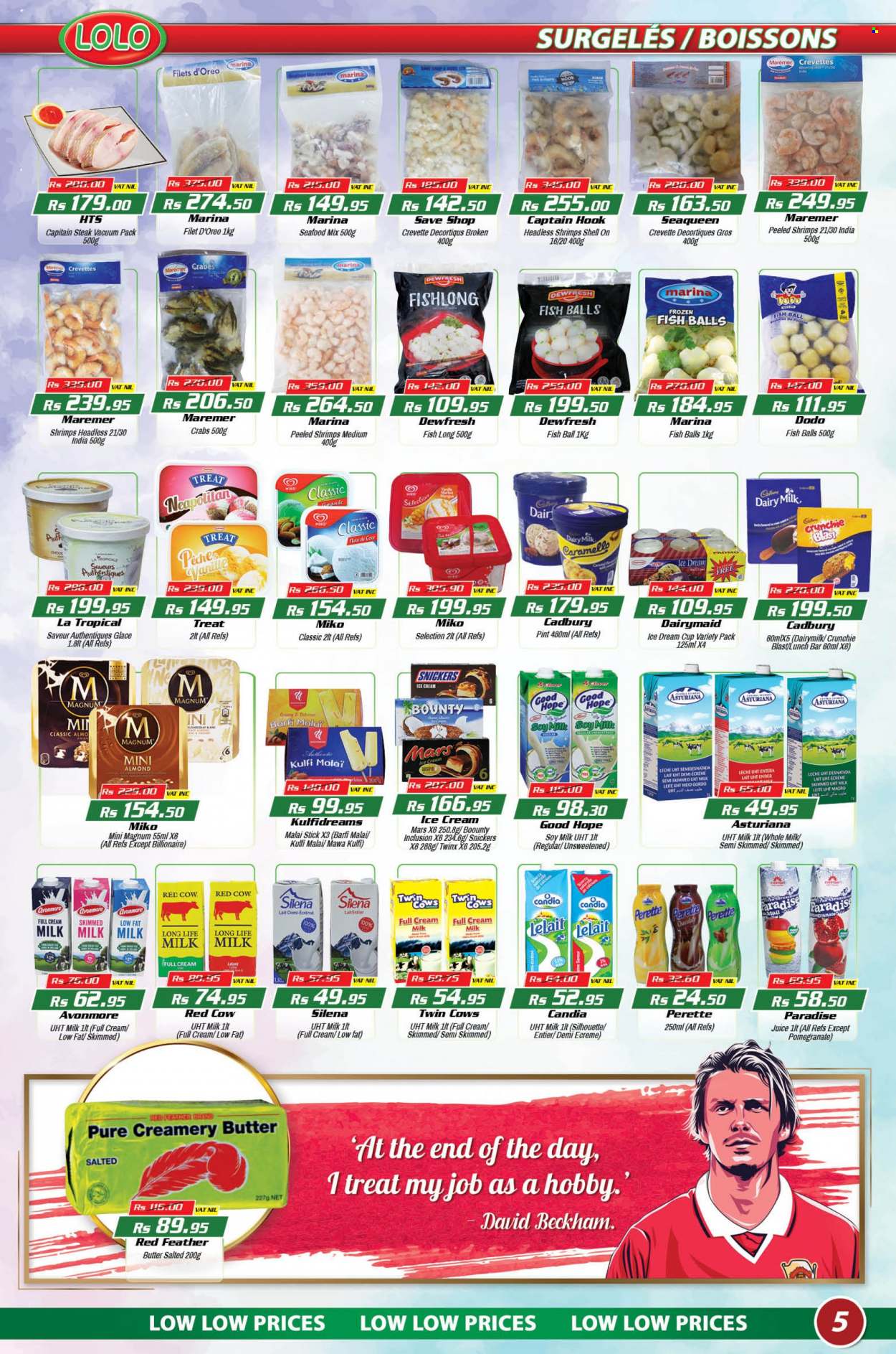 thumbnail - LOLO Hyper Catalogue - 25.11.2022 - 14.12.2022 - Sales products - pomegranate, seafood, crab, shrimps, soy milk, long life milk, butter, Magnum, ice cream, Snickers, Bounty, Mars, Cadbury, Dairy Milk, juice, David Beckham, hook, cup, Hill's, calcium, Oreo, steak. Page 5.