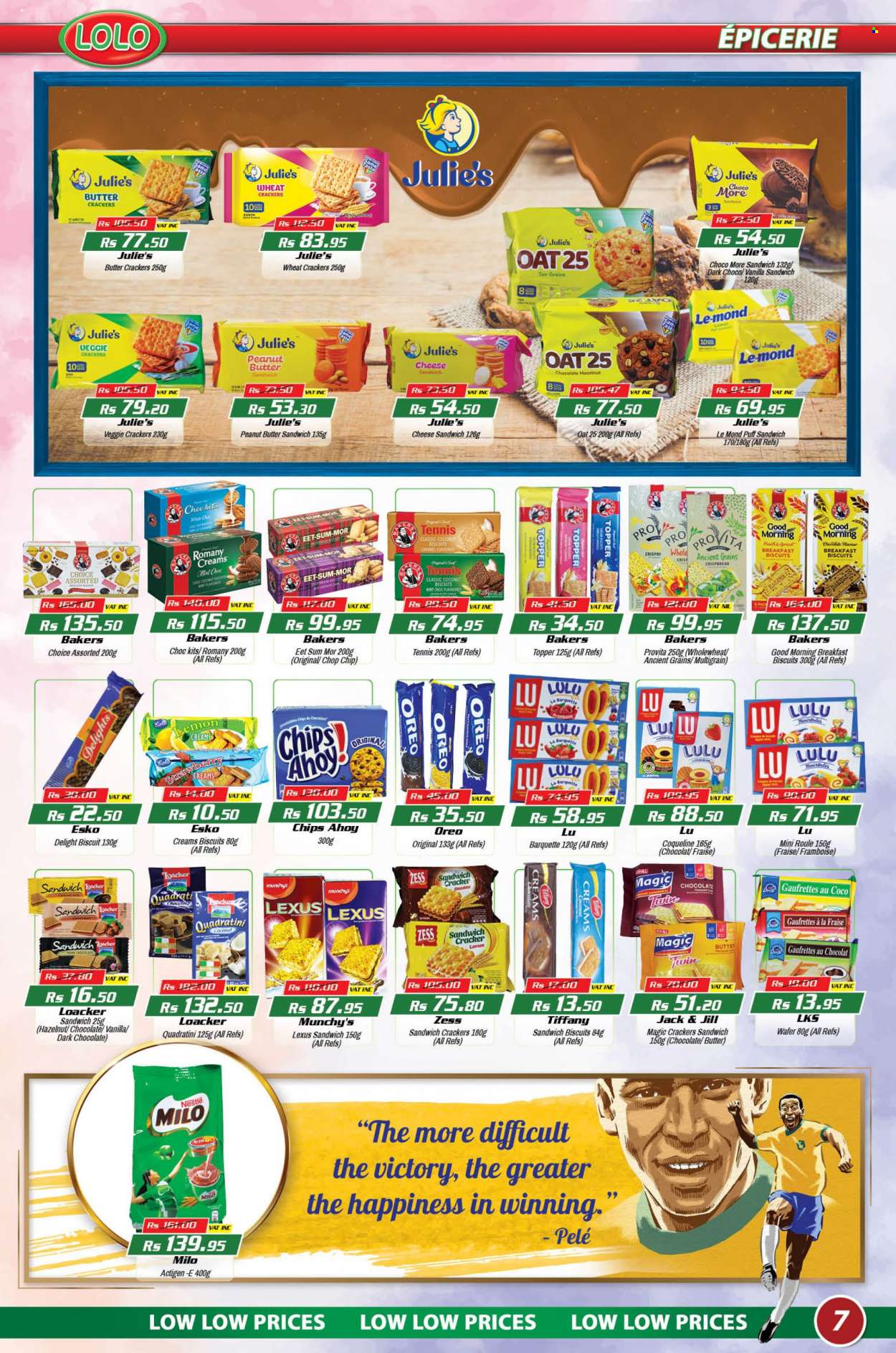 thumbnail - LOLO Hyper Catalogue - 25.11.2022 - 14.12.2022 - Sales products - crispbread, Milo, wafers, crackers, biscuit, dark chocolate, Julie's, oats, caramel, peanut butter, Bakers, Nestlé, Oreo. Page 7.