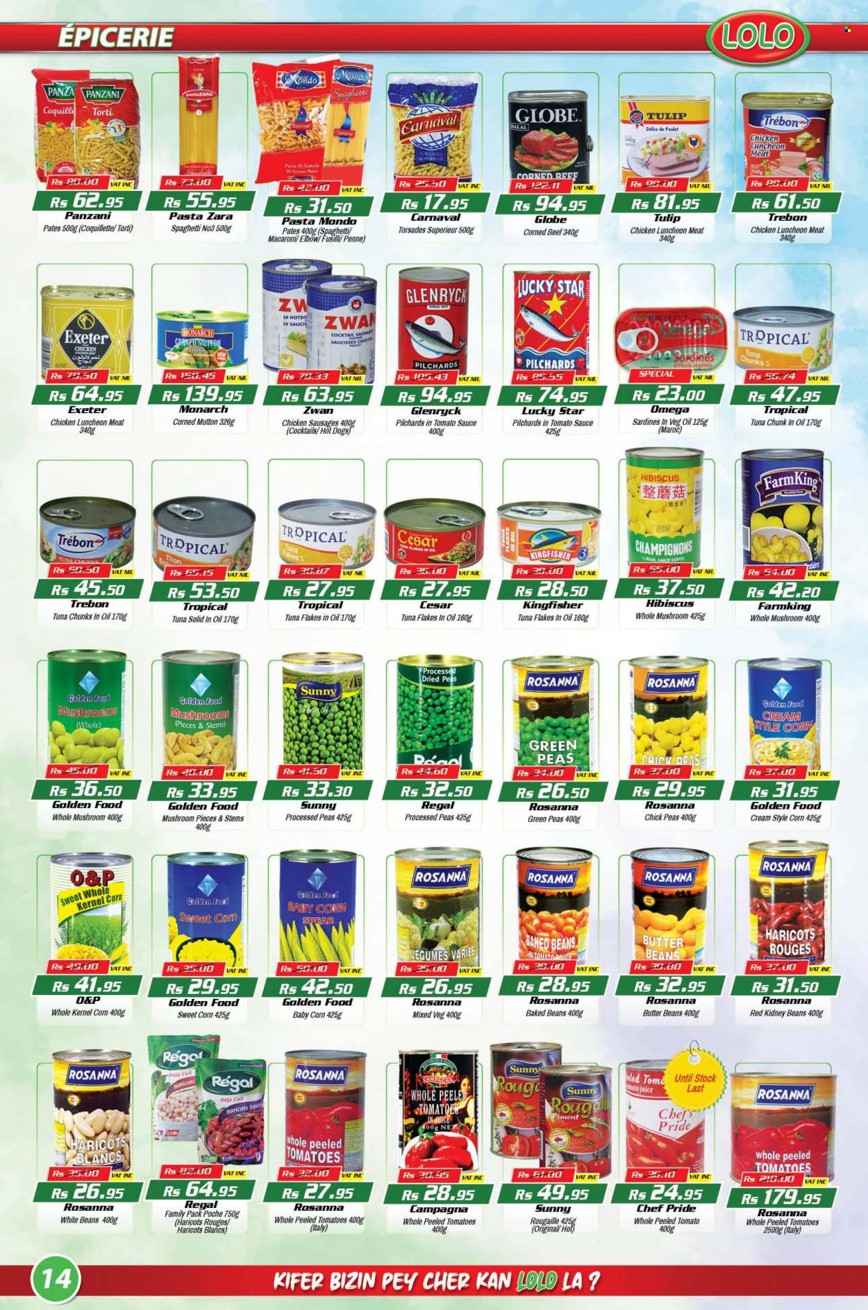 thumbnail - LOLO Hyper Catalogue - 25.11.2022 - 14.12.2022 - Sales products - mushrooms, beans, tomatoes, peas, sweet corn, sardines, tuna, spaghetti, hot dog, macaroni, pasta, sausage, lunch meat, corned beef, kidney beans, baked beans, penne, juice, beef meat, mutton meat. Page 14.