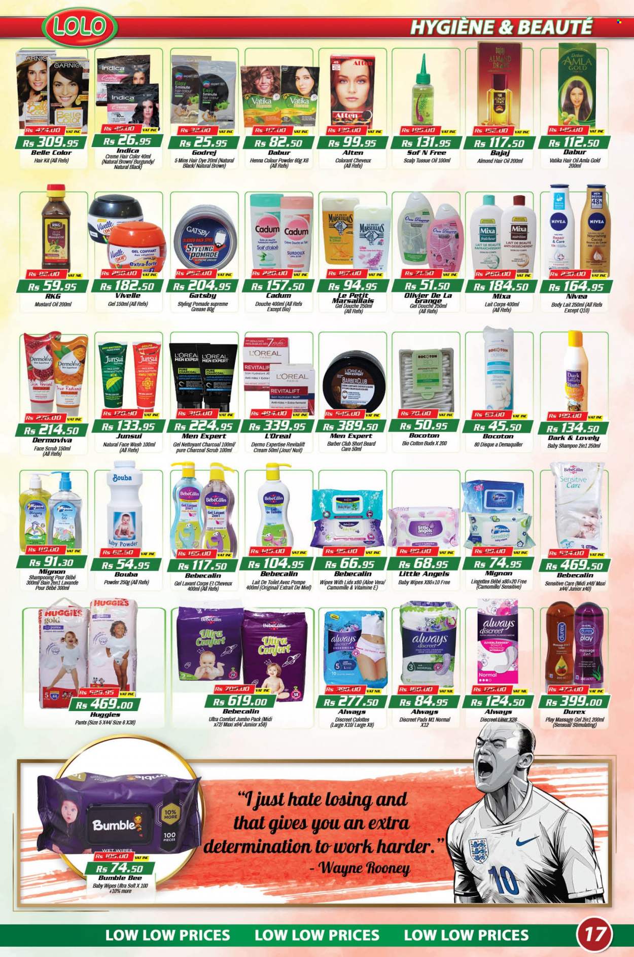 thumbnail - LOLO Hyper Catalogue - 25.11.2022 - 14.12.2022 - Sales products - Bumble Bee, cocoa, Dabur, mustard oil, oil, wipes, pants, baby wipes, Nivea, baby powder, face gel, sanitary pads, Always Discreet, L’Oréal, L’Oréal Men, face wash, hair color, hair oil, shampoo, Huggies. Page 17.
