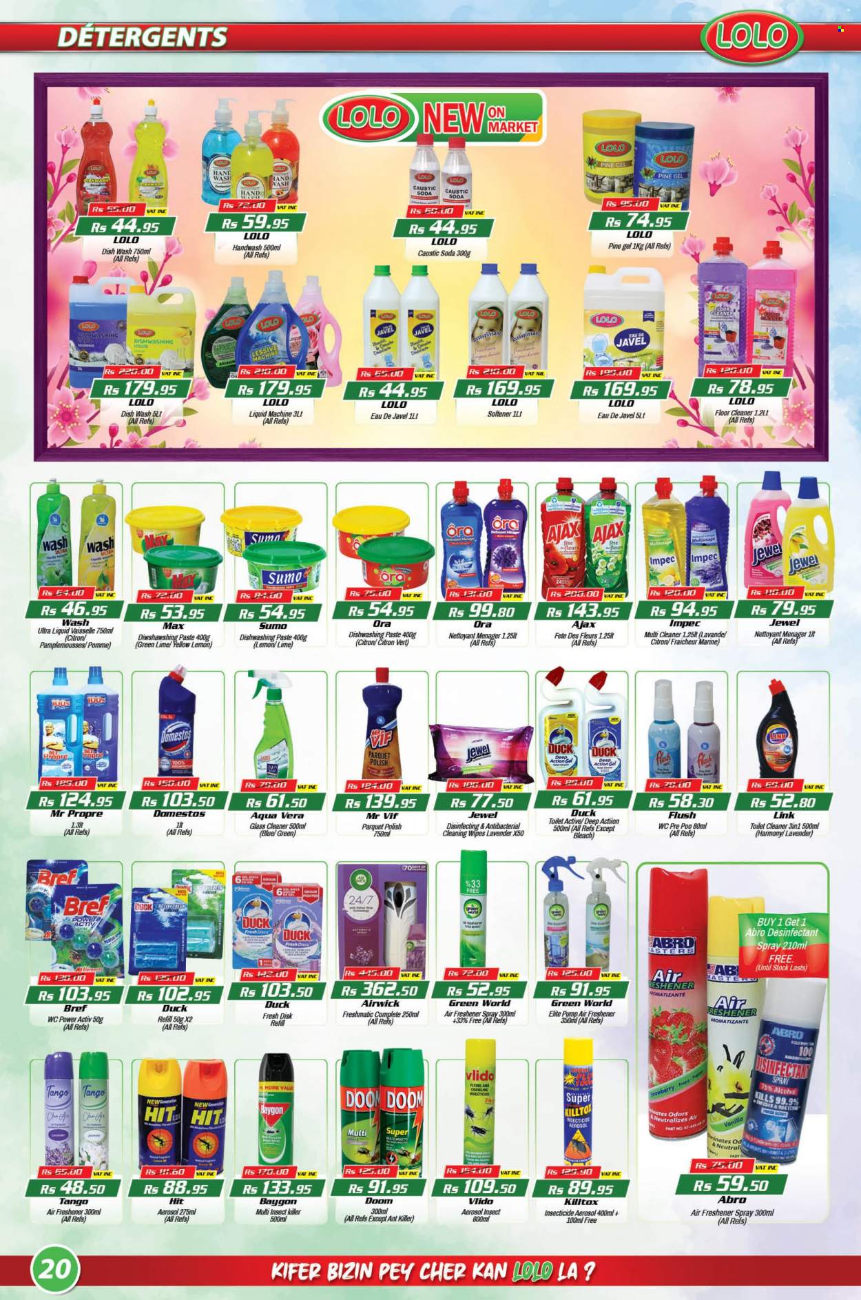 thumbnail - LOLO Hyper Catalogue - 25.11.2022 - 14.12.2022 - Sales products - soda, alcohol, cleansing wipes, wipes, Domestos, cleaner, bleach, floor cleaner, toilet cleaner, Bref Power, glass cleaner, Ajax, fabric softener, dishwashing liquid, hand wash, insecticide, insect killer, pin, air freshener, Air Wick, freshener spray. Page 20.