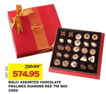 BOLCI ASSORTED CHOCOLATE PRALINES DIAMOND RED TIN BOX 250G