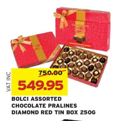 BOLCI ASSORTED CHOCOLATE PRALINES DIAMOND RED TIN BOX 250G