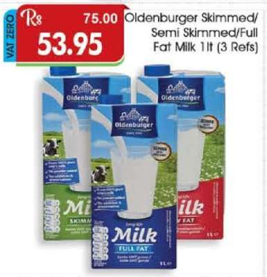 Oldenburger Skimmed Semi Skimmed/Full Fat Milk 1lt (3 Refs)