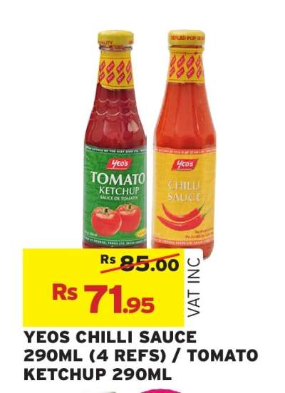YEOS CHILLI SAUCE 290ML (4 REFS) / TOMATO KETCHUP 290ML