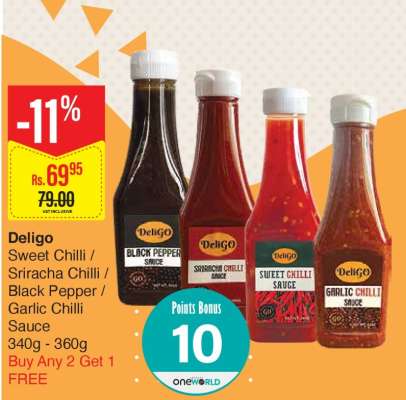 Deligo Sweet Chilli / Sriracha Chilli / Black Pepper / Garlic Chilli Sauce