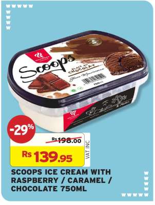 SCOOPS ICE CREAM WITH RASPBERRY / CARAMEL / CHOCOLATE 750ML