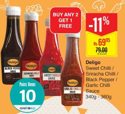 Deligo Sweet Chilli / Sriracha Chilli / Black Pepper / Garlic Chilli Sauce