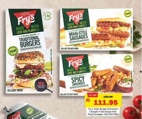 Fry's Style Burger/Schnitzel/B.Sausage/Trad Burger/Hot Dog/Sausages 320/360/380g