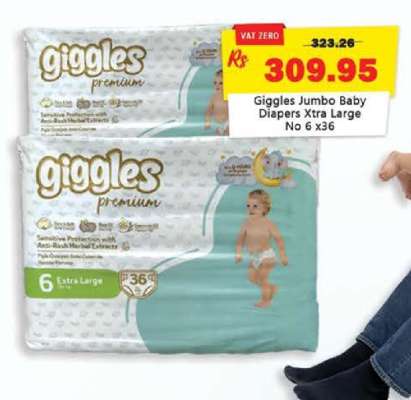 Giggles Jumbo Baby Diapers Xtra Large No 6 x36