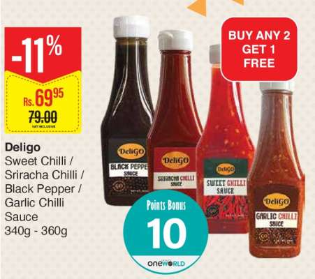 Deligo Sweet Chilli / Sriracha Chilli / Black Pepper / Garlic Chilli Sauce