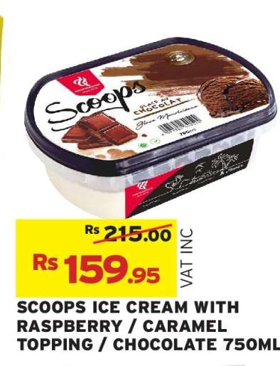 SCOOPS ICE CREAM WITH RASPBERRY / CARAMEL TOPPING / CHOCOLATE 750ML