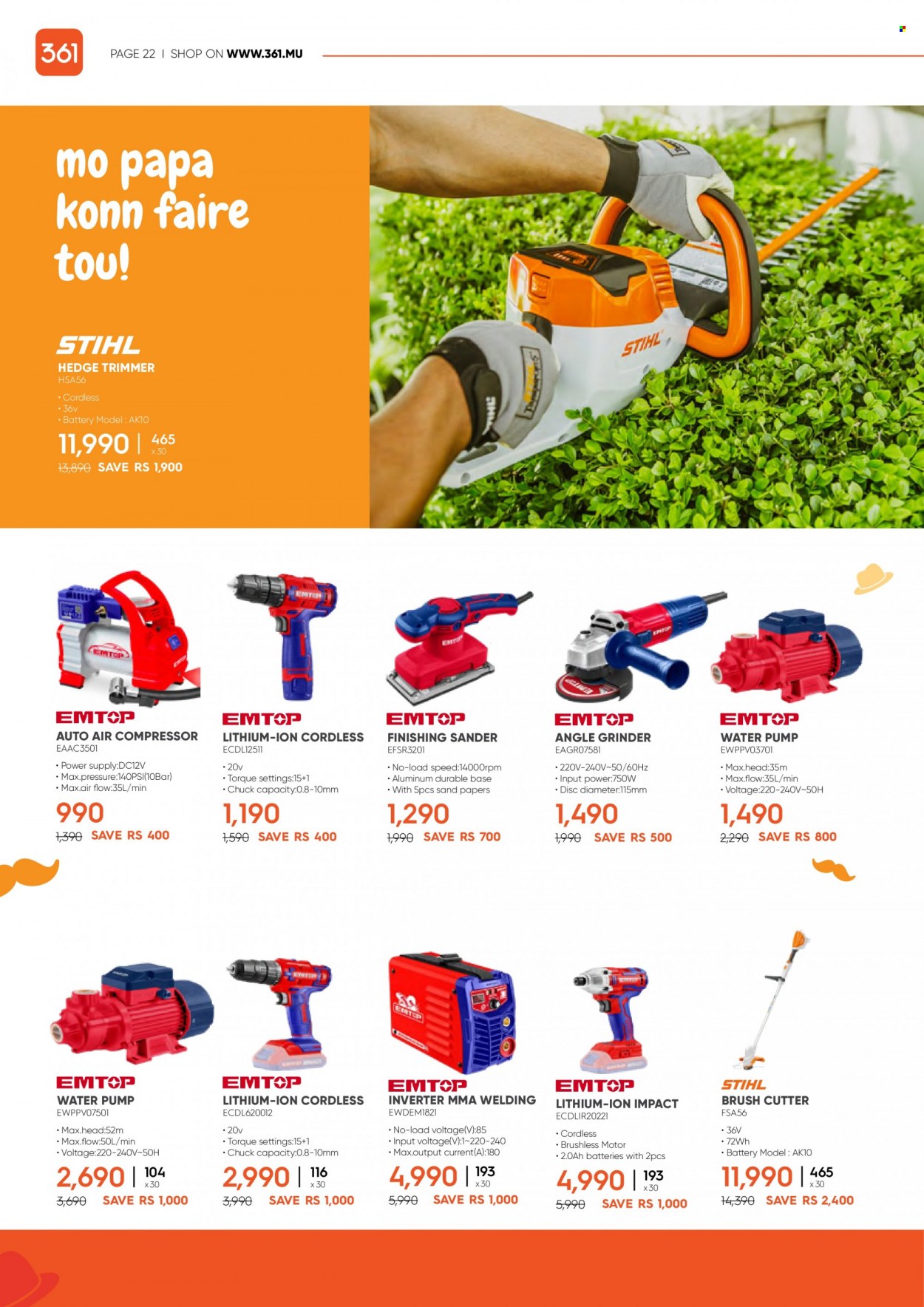 thumbnail - 361 Catalogue - 14.06.2022 - 23.06.2022 - Sales products - grinder, trimmer, angle grinder, brush cutter, hedge trimmer, air compressor. Page 22.
