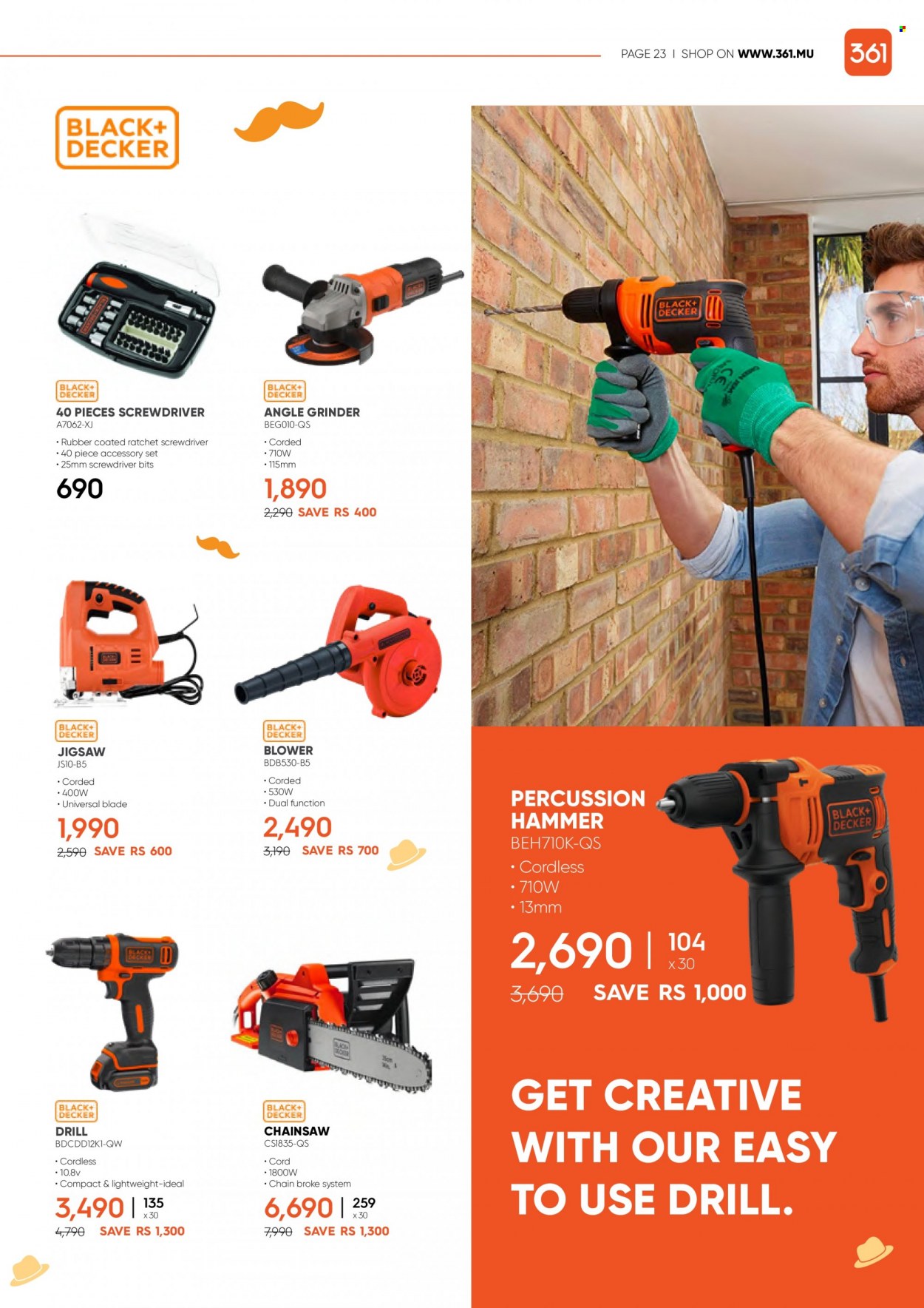 thumbnail - 361 Catalogue - 14.06.2022 - 23.06.2022 - Sales products - Black & Decker, grinder, percussion instrument, drill, hammer, chain saw, angle grinder, screwdriver bits. Page 23.