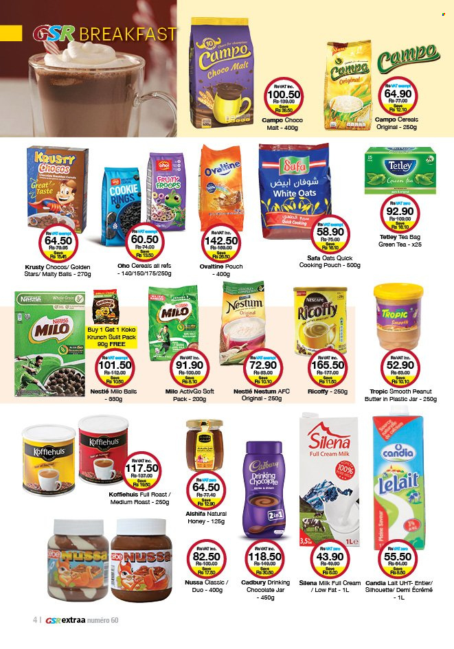 thumbnail - GSR Catalogue - 21.06.2022 - 17.07.2022 - Sales products - Milo, chocolate, Cadbury, oats, malt, cereals, honey, hot chocolate, green tea, tea bags, Ricoffy, Nestlé, Nescafé. Page 4.