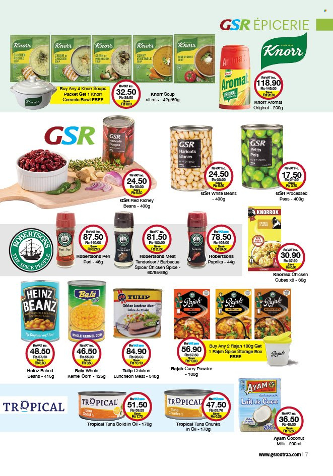 thumbnail - GSR Catalogue - 21.06.2022 - 17.07.2022 - Sales products - mushrooms, beans, corn, peas, tuna, soup, lunch meat, Knorrox, coconut milk, kidney beans, baked beans, spice, curry powder, Heinz, Knorr. Page 7.