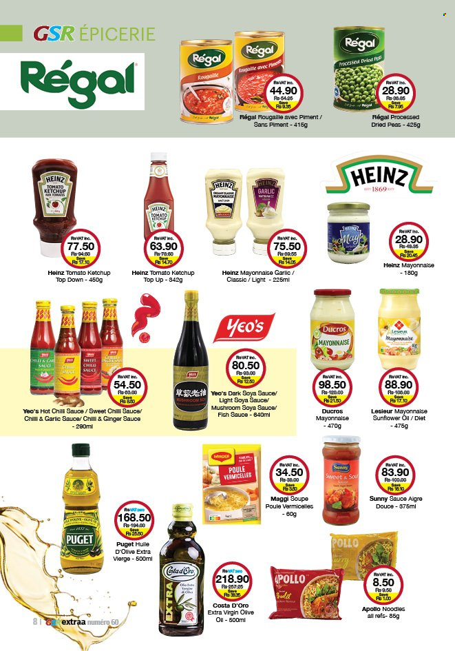 thumbnail - GSR Catalogue - 21.06.2022 - 17.07.2022 - Sales products - mushrooms, peas, fish, noodles, mayonnaise, Maggi, fish sauce, soy sauce, chilli sauce, sweet chilli sauce, garlic sauce, extra virgin olive oil, sunflower oil, olive oil, oil, Heinz, ketchup. Page 8.