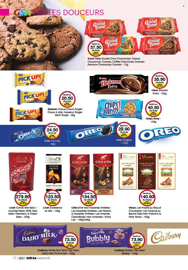 thumbnail - GSR Catalogue - 21.06.2022 - 17.07.2022 - Sales products - pie, cookies, chocolate, biscuit, dark chocolate, Cadbury, Dairy Milk, chips, caramel, dried fruit, coffee, raisins, Oreo, Lindt, Lindor, oranges. Page 12.