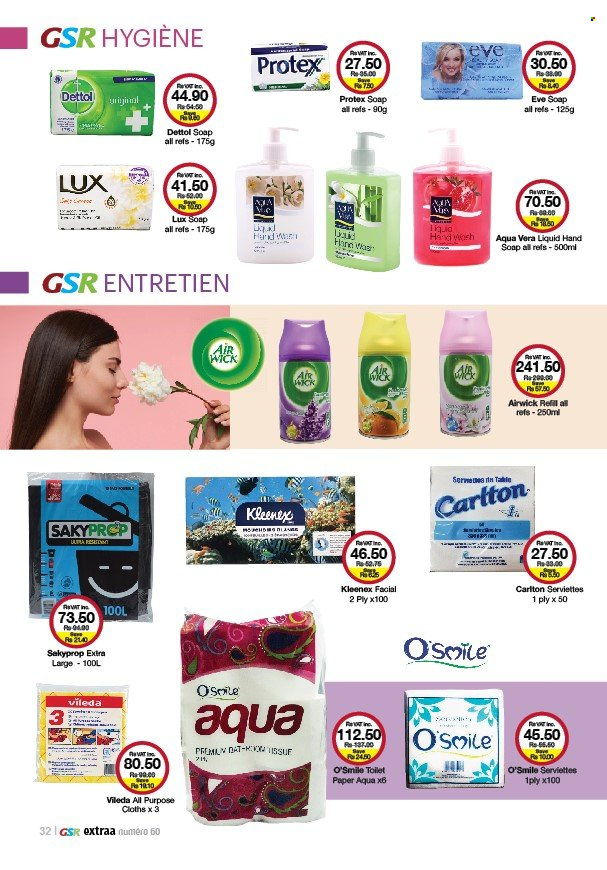 thumbnail - GSR Catalogue - 21.06.2022 - 17.07.2022 - Sales products - Kleenex, toilet paper, Lux, hand soap, Protex, soap, Dettol. Page 32.