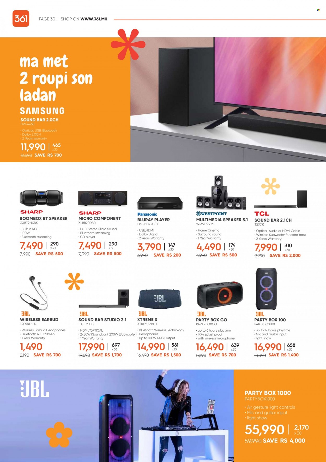 thumbnail - 361 Catalogue - 14.05.2022 - 13.06.2022 - Sales products - HDMI cable, Blu-ray, home theater, hi-fi, cd player, speaker, subwoofer, wireless subwoofer, sound bar, microphone, headphones. Page 30.
