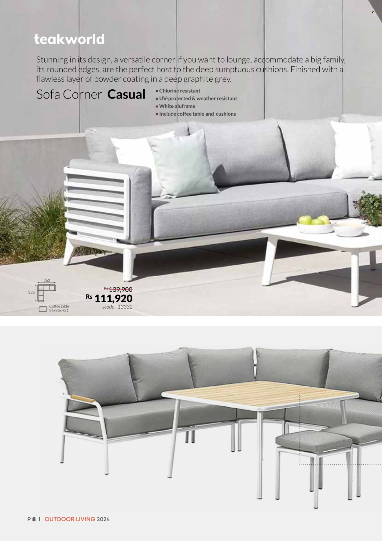thumbnail - Teak World Catalogue - Sales products - table, sofa, lounge, coffee table, cushion. Page 8.